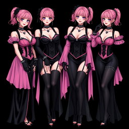A captivating scene featuring four sexy gothic anime villain dominatrix girls, each adorned with a subtle smile and a soft blush on their cheeks
