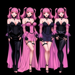 A captivating scene featuring four sexy gothic anime villain dominatrix girls, each adorned with a subtle smile and a soft blush on their cheeks
