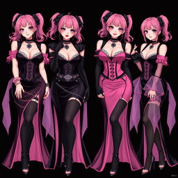 A captivating scene featuring four sexy gothic anime villain dominatrix girls, each adorned with a subtle smile and a soft blush on their cheeks