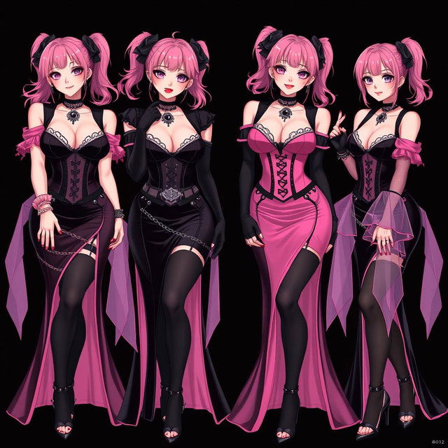 A captivating scene featuring four sexy gothic anime villain dominatrix girls, each adorned with a subtle smile and a soft blush on their cheeks