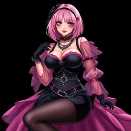 A striking representation of a sexy gothic anime villain dominatrix girl, displaying a subtle smile accompanied by a blush on her cheeks