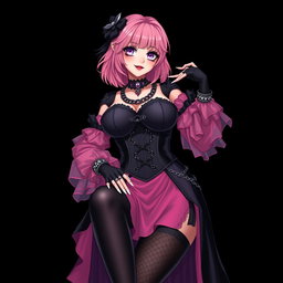 A striking representation of a sexy gothic anime villain dominatrix girl, displaying a subtle smile accompanied by a blush on her cheeks
