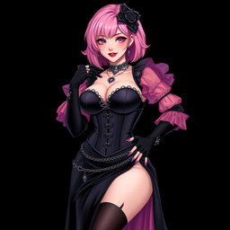 A striking representation of a sexy gothic anime villain dominatrix girl, displaying a subtle smile accompanied by a blush on her cheeks