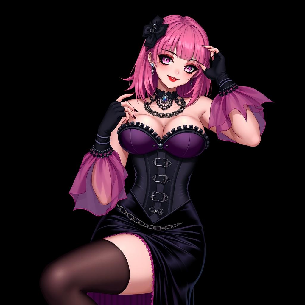A striking representation of a sexy gothic anime villain dominatrix girl, displaying a subtle smile accompanied by a blush on her cheeks