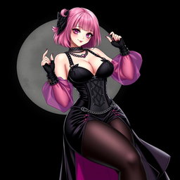 A mesmerizing illustration of a sexy gothic anime villain dominatrix girl, featuring a subtle smile adorned with a soft blush on her cheeks