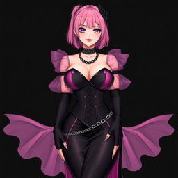 A mesmerizing illustration of a sexy gothic anime villain dominatrix girl, featuring a subtle smile adorned with a soft blush on her cheeks