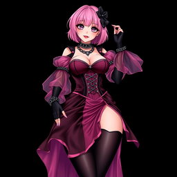 A mesmerizing illustration of a sexy gothic anime villain dominatrix girl, featuring a subtle smile adorned with a soft blush on her cheeks