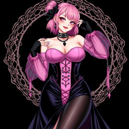 A mesmerizing illustration of a sexy gothic anime villain dominatrix girl, featuring a subtle smile adorned with a soft blush on her cheeks