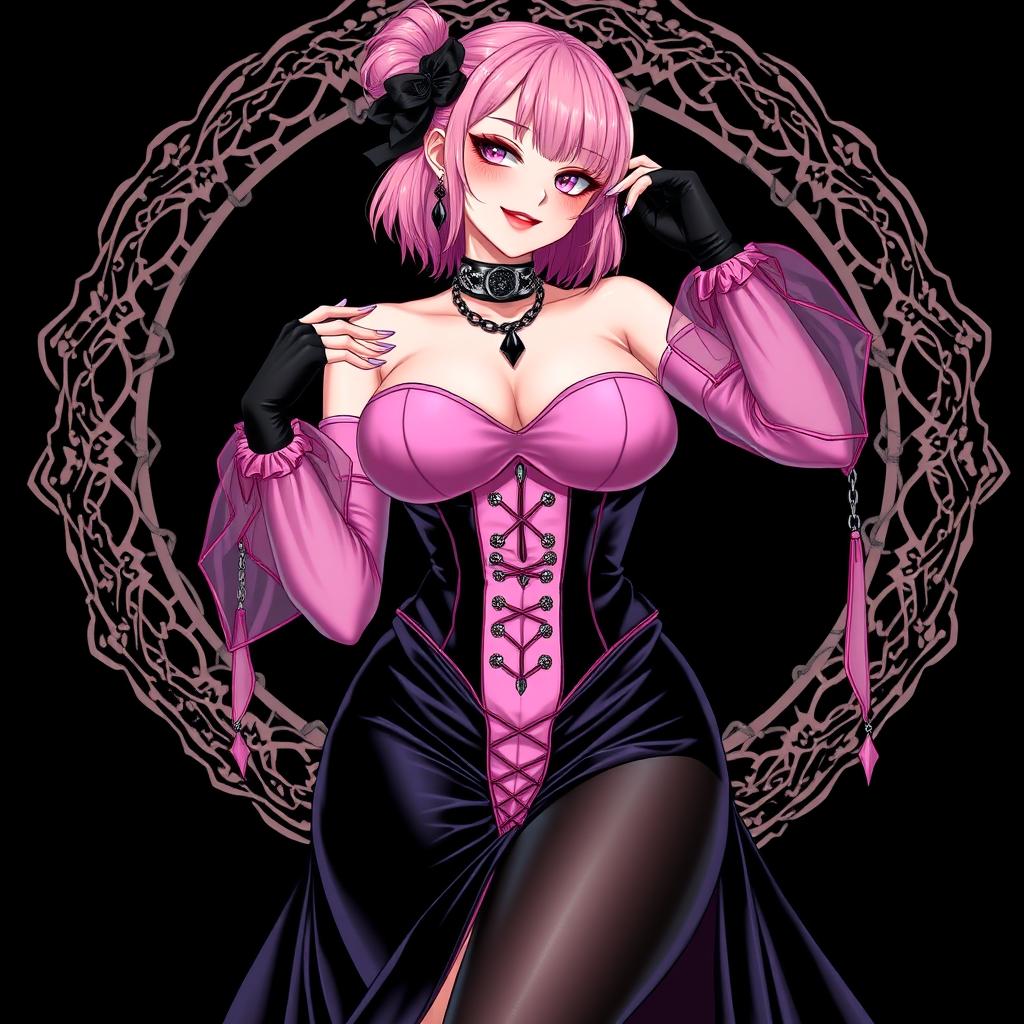 A mesmerizing illustration of a sexy gothic anime villain dominatrix girl, featuring a subtle smile adorned with a soft blush on her cheeks