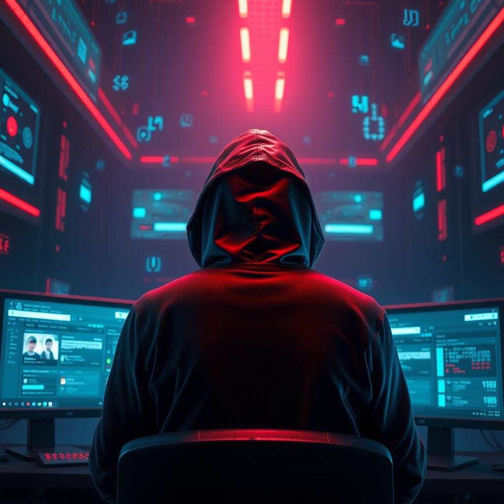 A cinematic digital painting of a hacker wearing a black hoodie, sitting in a dark room illuminated by neon red and blue lights