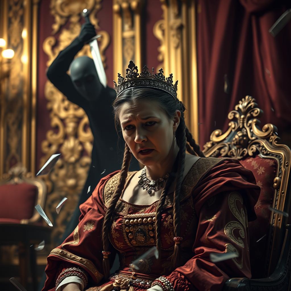 A dramatic and intense scene depicting the assassination of a regal queen