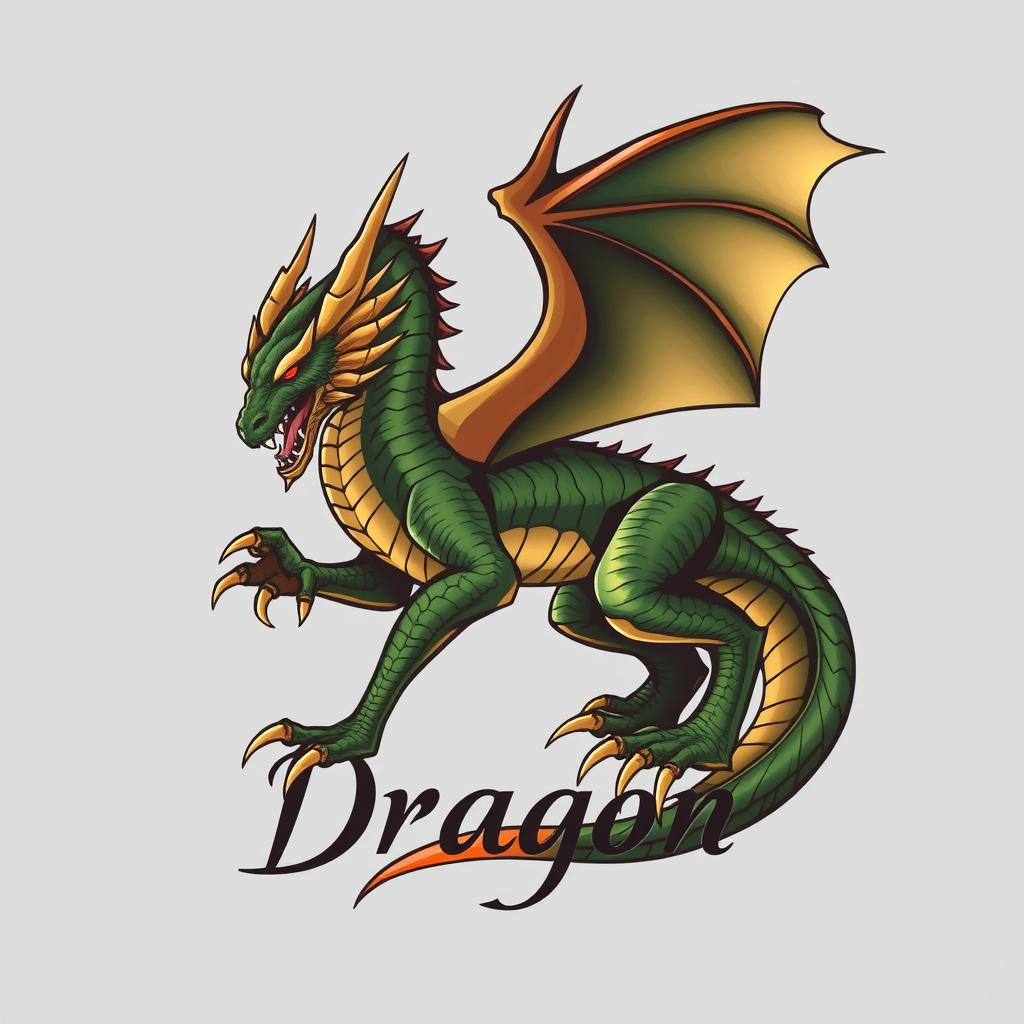 A realistic dragon logo design featuring a highly detailed dragon with lifelike scales, sharp claws, and realistic wings
