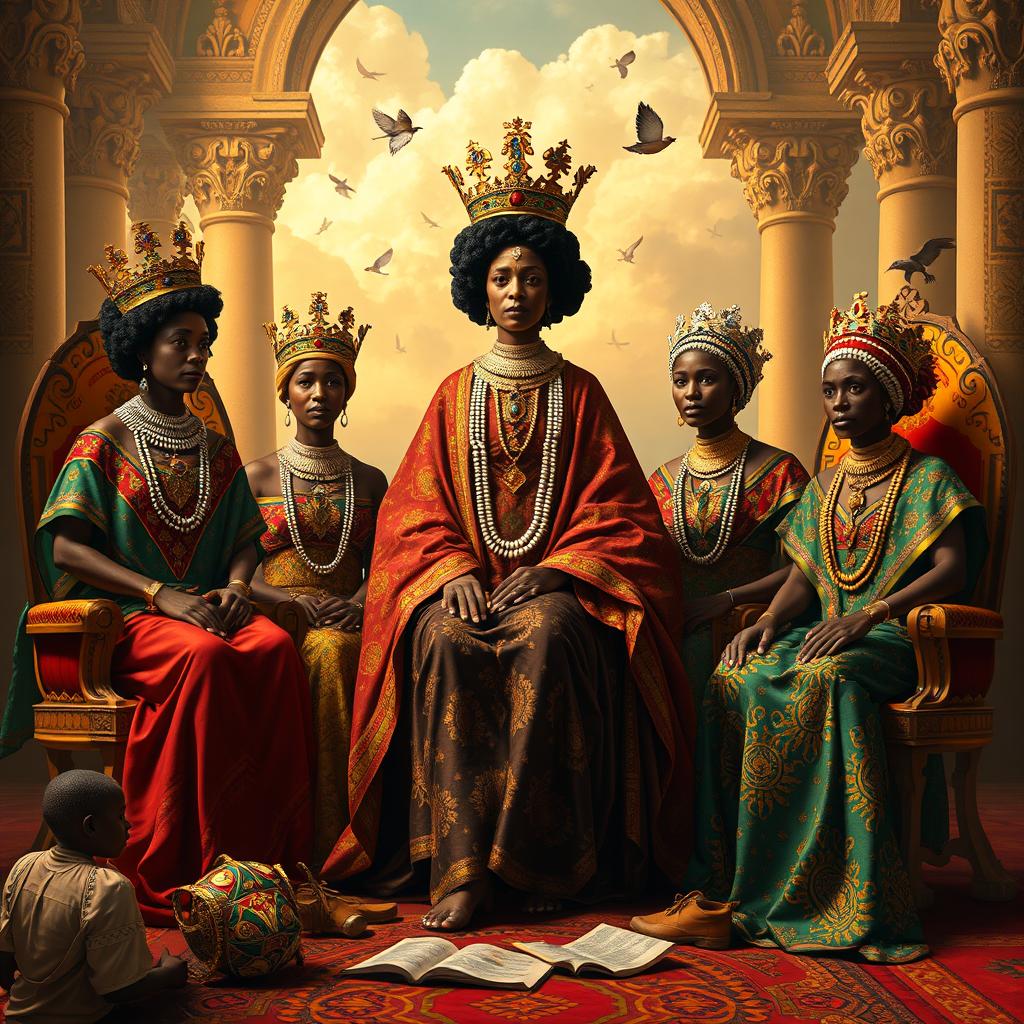 A historical representation of grand African queenhood, depicting powerful women in regal attire, showcasing their leadership and influence in grand palaces