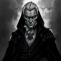 A reclusive and handsome older vampire lord, partially obscured by deep shadows that enhance his mysterious aura