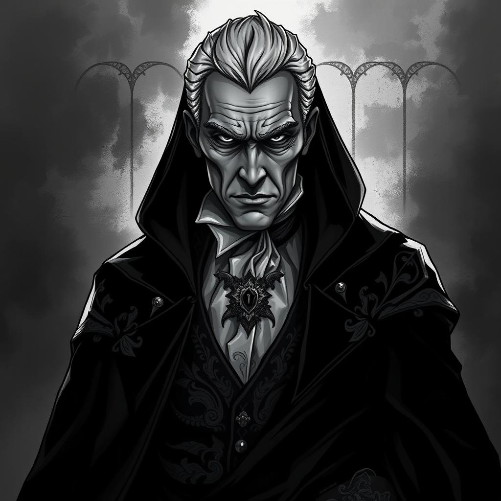 A reclusive and handsome older vampire lord, partially obscured by deep shadows that enhance his mysterious aura