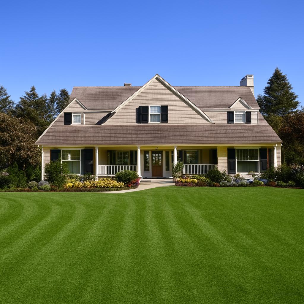 An picturesque representation of a cozy and comfortable home with a well-maintained lawn in the foreground and a clear, blue sky above.