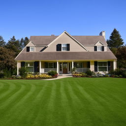 An picturesque representation of a cozy and comfortable home with a well-maintained lawn in the foreground and a clear, blue sky above.