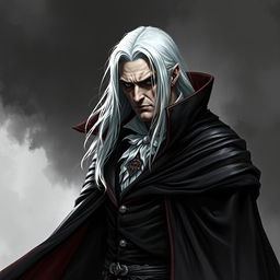 A reclusive and handsome older vampire lord, with the upper part of his face partially obscured by deep shadows, adding an air of mystery to his character