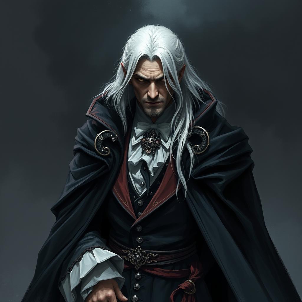 A reclusive and handsome older vampire lord, with the upper part of his face partially obscured by deep shadows, adding an air of mystery to his character