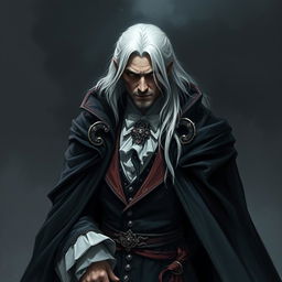 A reclusive and handsome older vampire lord, with the upper part of his face partially obscured by deep shadows, adding an air of mystery to his character