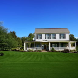 An picturesque representation of a cozy and comfortable home with a well-maintained lawn in the foreground and a clear, blue sky above.