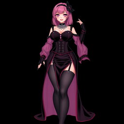 A stunning illustration of a sexy gothic anime villain dominatrix girl, featuring a subtle smile with a rosy blush on her cheeks