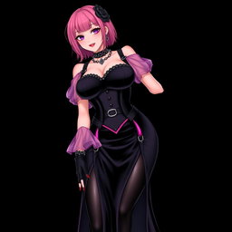A stunning illustration of a sexy gothic anime villain dominatrix girl, featuring a subtle smile with a rosy blush on her cheeks