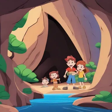 In the animated cartoon, the characters explore the hidden cave through an air passage.