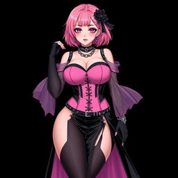 A stunning illustration of a sexy gothic anime villain dominatrix girl, featuring a subtle smile with a rosy blush on her cheeks