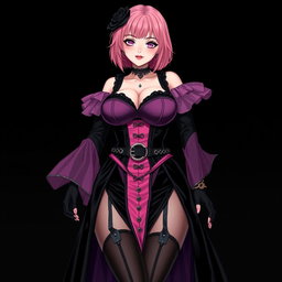 A stunning illustration of a sexy gothic anime villain dominatrix girl, featuring a subtle smile with a rosy blush on her cheeks