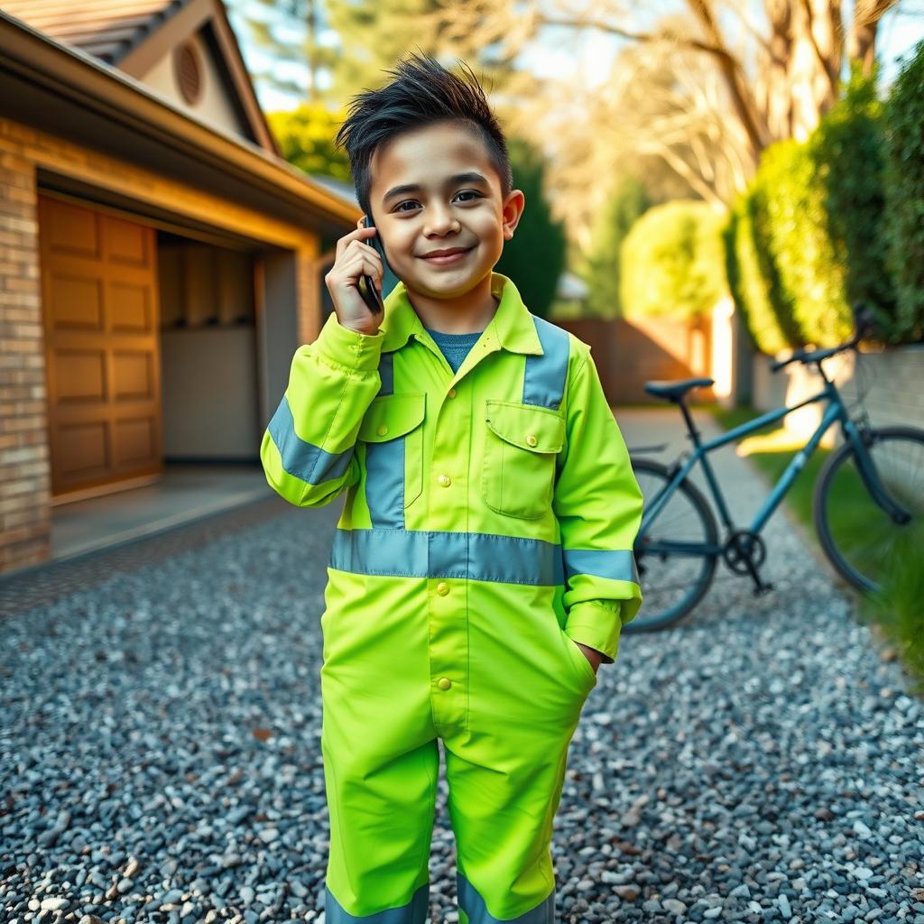 A cheerful adult midget standing in a residential area, approximately the same height as Hasbulla