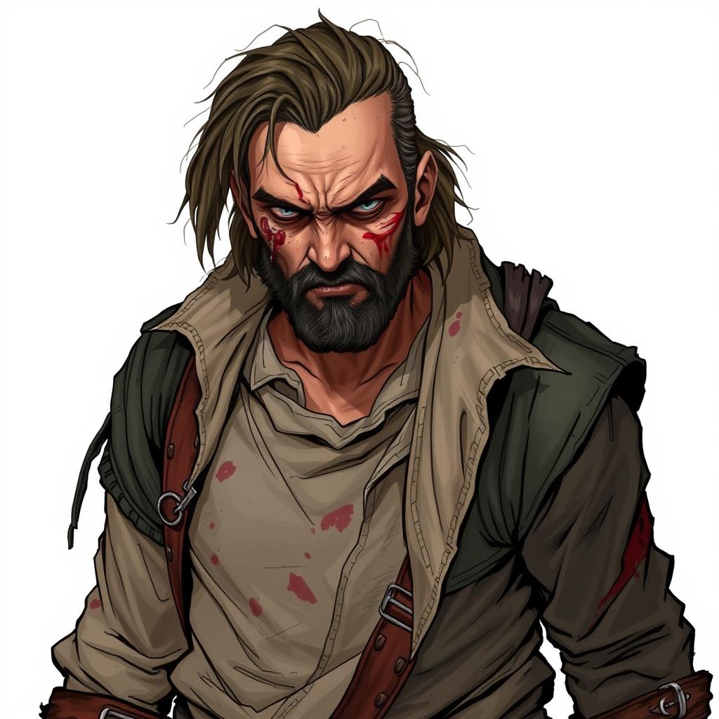 A wounded criminal, depicted in a Dungeons and Dragons style illustration, showcasing a rugged and battle-worn character
