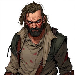 A wounded criminal, depicted in a Dungeons and Dragons style illustration, showcasing a rugged and battle-worn character