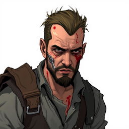 A wounded criminal, depicted in a Dungeons and Dragons style illustration, showcasing a rugged and battle-worn character