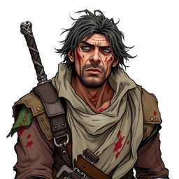 A wounded criminal, depicted in a Dungeons and Dragons style illustration, showcasing a rugged and battle-worn character