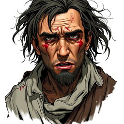 A wounded criminal, depicted in a Dungeons and Dragons style illustration, showcasing a rugged and battle-worn character