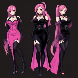 A captivating illustration of a sexy gothic anime villain dominatrix girl, showcasing a subtle smile with a faint blush on her cheeks