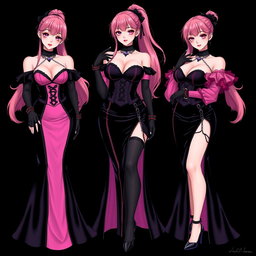 A captivating illustration of a sexy gothic anime villain dominatrix girl, showcasing a subtle smile with a faint blush on her cheeks