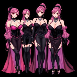 A captivating illustration of a sexy gothic anime villain dominatrix girl, showcasing a subtle smile with a faint blush on her cheeks