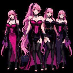 A captivating illustration of a sexy gothic anime villain dominatrix girl, showcasing a subtle smile with a faint blush on her cheeks