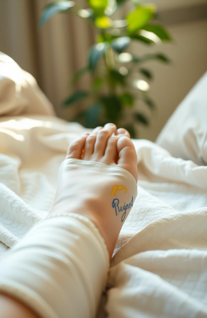 A close-up image of a foot in a bright white plaster cast, placed on a soft blanket, with a gentle warm light illuminating it