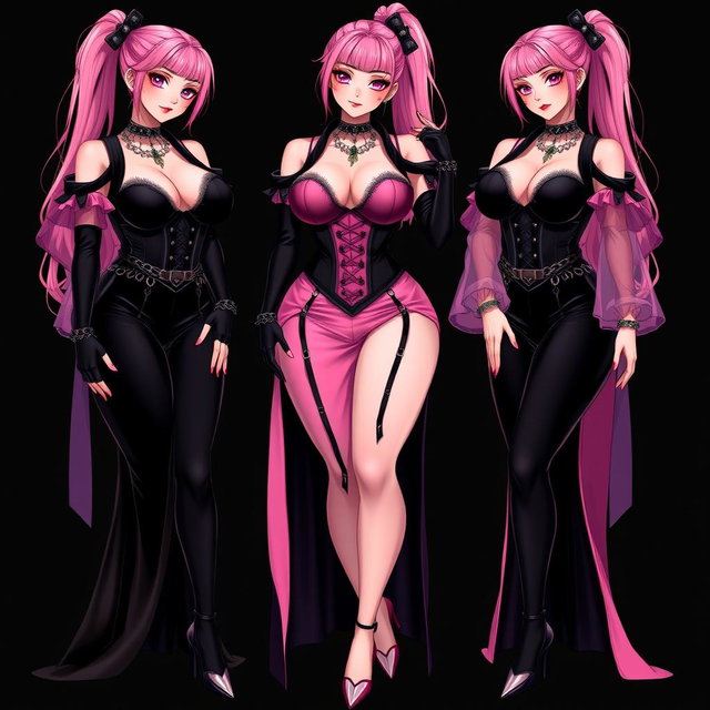 A striking illustration of a sexy gothic anime villain dominatrix girl, displaying a subtle smile with a hint of blush on her cheeks