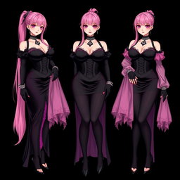 A striking illustration of a sexy gothic anime villain dominatrix girl, displaying a subtle smile with a hint of blush on her cheeks