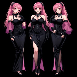 A striking illustration of a sexy gothic anime villain dominatrix girl, displaying a subtle smile with a hint of blush on her cheeks