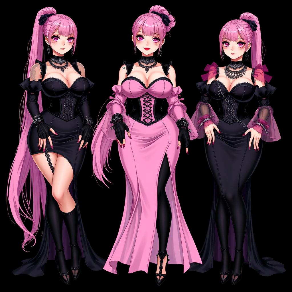 A striking illustration of a sexy gothic anime villain dominatrix girl, displaying a subtle smile with a hint of blush on her cheeks