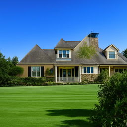 An picturesque representation of a cozy and comfortable home with a well-maintained lawn in the foreground and a clear, blue sky above.