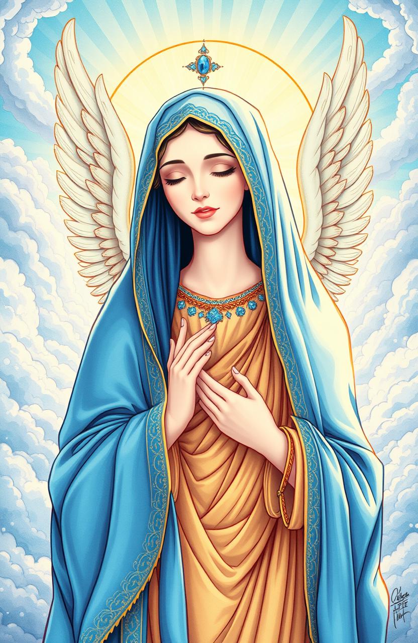 An intricate and vibrant illustration of Our Lady of Angels, depicted with a serene and divine expression