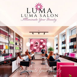 An elegant and modern poster design for Luma Salon, featuring a chic interior scene showcasing stylists working on clients' hair