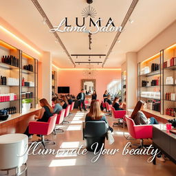 An elegant and modern poster design for Luma Salon, featuring a chic interior scene showcasing stylists working on clients' hair