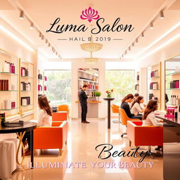 An elegant and modern poster design for Luma Salon, featuring a chic interior scene showcasing stylists working on clients' hair